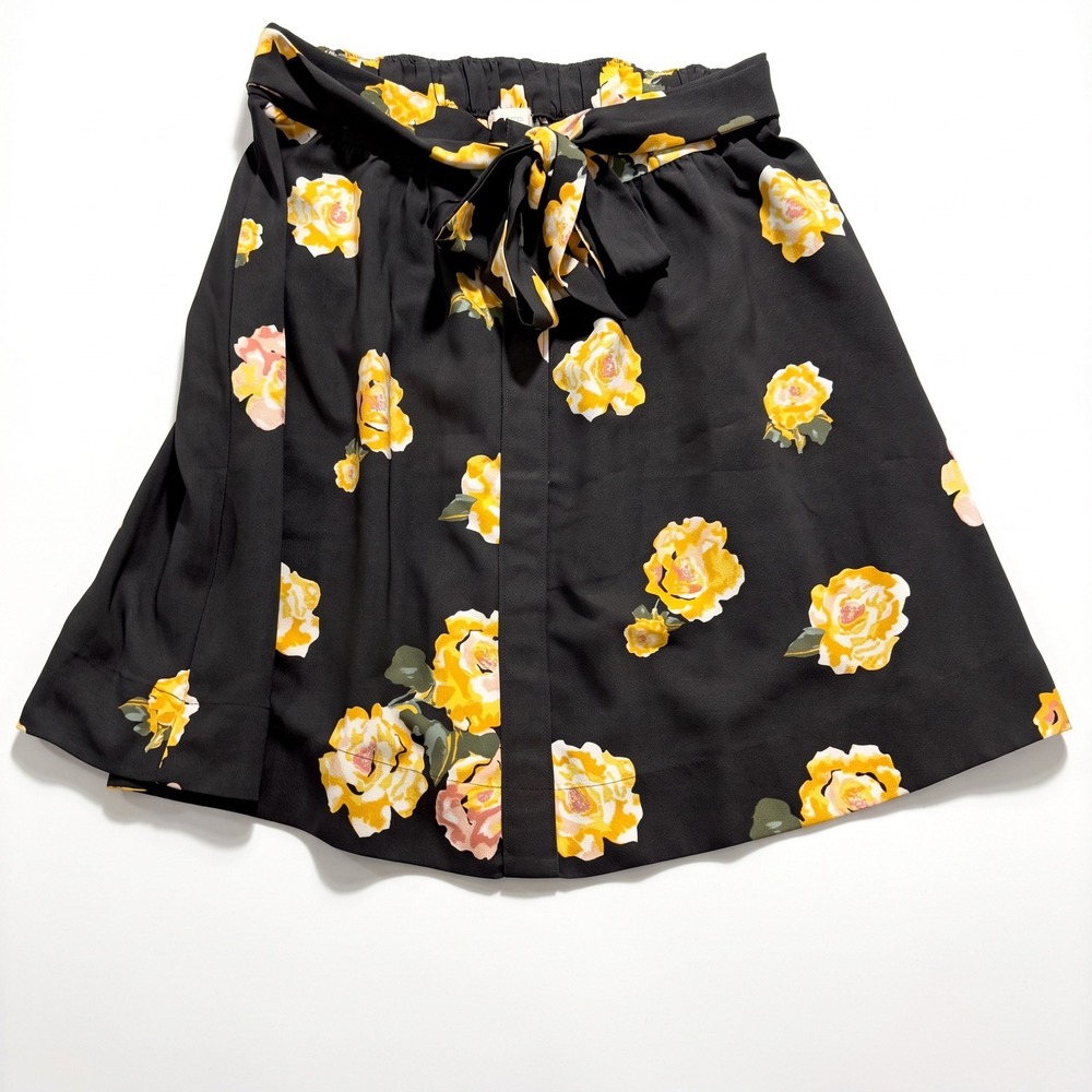 LOFT Outlet Womens S Black Yellow Rose Print Tie-Belt Skirt Boho Casual